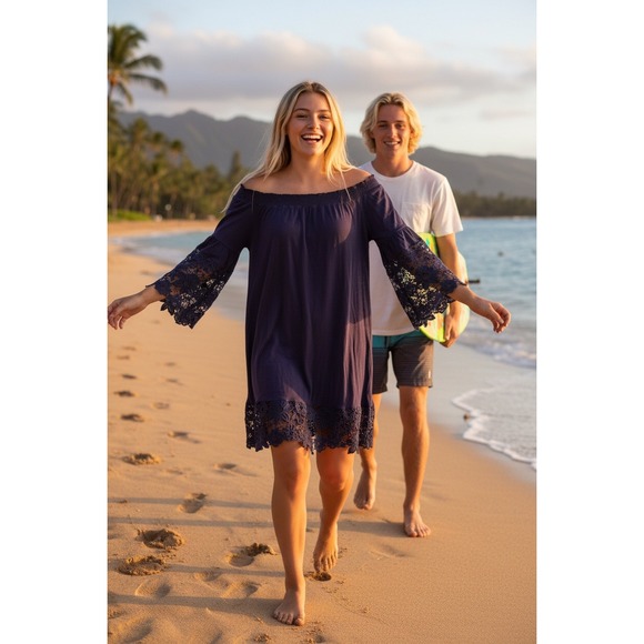 Tops - Spring Break Blue Lace Bell Sleeve dress  S/M  Beachy Boho Resort Vacation